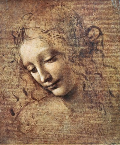 Hodet til en ung kvinne med rufsete hår eller Leda (gouache på tre) av Leonardo da Vinci