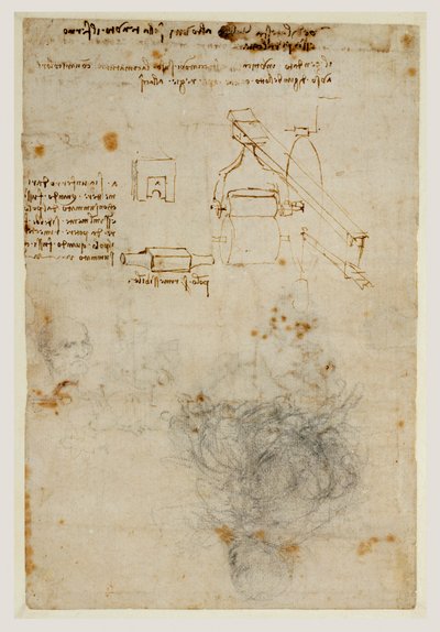 Head of an Old Man and Studies of Machinery, ca. 1503-06 (svart kritt, penn og brunt blekk) av Leonardo da Vinci