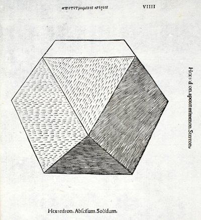Solid Hexaedron, illustrasjon fra 'Divine Proportion' av Luca Pacioli (ca. 1445-1517), opprinnelig pub. Venezia, 1509 av Leonardo da Vinci