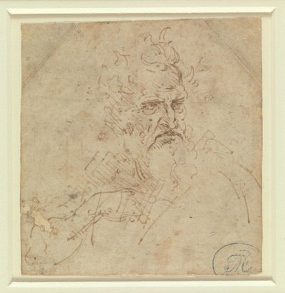 Hodet til en gråhåret mann med et strengt uttrykk og høyre arm av Leonardo da Vinci
