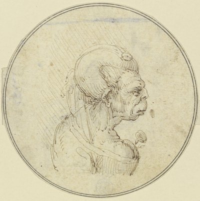 Karikatur av en gammel kvinne, brystbilde med en rose i brystet, sett i profil mot høyre av Leonardo da Vinci