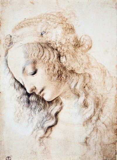Leonardo da Vinci (Leonardo da Vinci) (1452 - 1519): Portrett av en jente med lukkede øyne og hodet ned med håret pyntet med et bånd beriket med smykker (Immagina) av Leonardo da Vinci