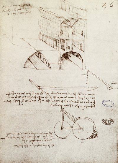 Manuskript B, f 36 r Arkitektstudier, utvikling og deler av bygninger i by med hevede gater (penn og blekk på papir) av Leonardo da Vinci