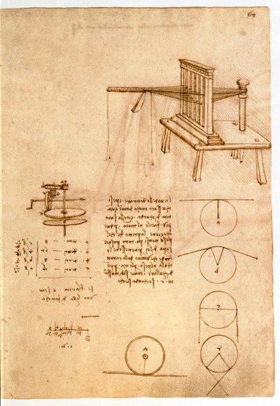Ms 8937 fol.68r Studie for en tekstilmaskin, 'Codex Madrid I', c.1493-97 (penn og blekk på papir) av Leonardo da Vinci