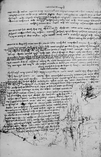 Side med tekst med skisser av landskap, c1480 1945 av Leonardo da Vinci