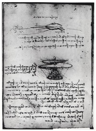 Paris-manuskript B, fol. 83v: Side med tekst og skisser for en flygende maskin, 1488-90 (penn og blekk på papir) av Leonardo da Vinci