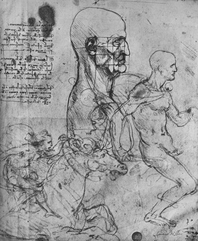 Profil av en mann i kvadrat for proporsjon og studier av ryttere, c1480 1945 av Leonardo da Vinci