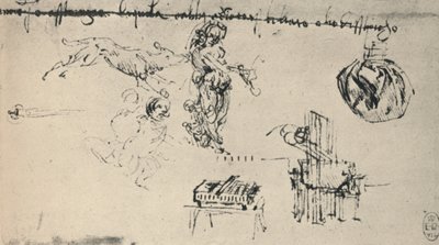 Ark med studier med en ung kvinne, en ulv, etc., c1480 1945 av Leonardo da Vinci
