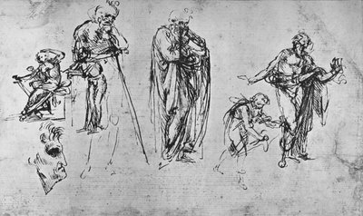 Studier av enkeltfigurer og av en profil, c1480 1945 av Leonardo da Vinci