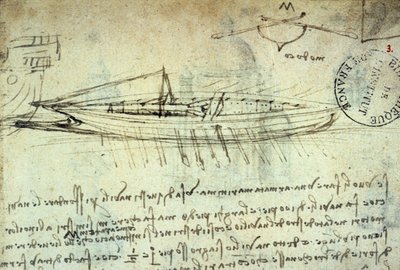 Studie av båt utstyrt med en serie årer av Leonard de Vinci (Leonardo da Vinci) (1452 - 1519). Tegning med penn og blekk. Manuskript. Biblioteket til Institut de France. Paris. av Leonardo da Vinci