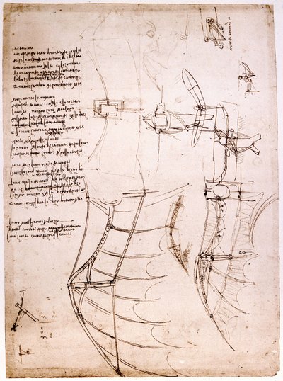 Studer på vinger. Codex Atlantic. Atlantic Codex, tegning av Leonard de Vinci (Leonardo da Vinci) rundt 1499. av Leonardo da Vinci