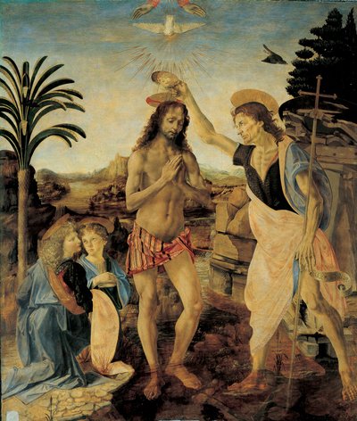Kristi dåp rundt 1475 - 1478 av Andrea del Verrocchio (1436-1488) og Leonardo da Vinci (Leonard av Vinci) (1452-1516), Olje og tempera på tre av Leonardo da Vinci