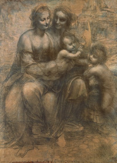 Jomfruen og barnet med Saint Anne, og spedbarnet Saint John the Baptist, ca. 1499-1500 (kull forhøyet med hvitt kritt på papir, montert på lerret) av Leonardo da Vinci