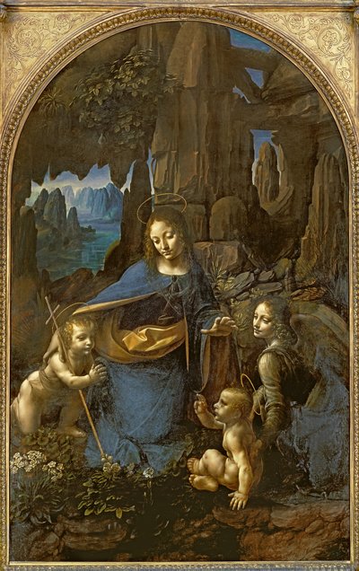 The Virgin of the Rocks (med spedbarnet St. John som tilber spedbarnet Kristus akkompagnert av en engel), ca. 1508 (olje på panel) av Leonardo da Vinci