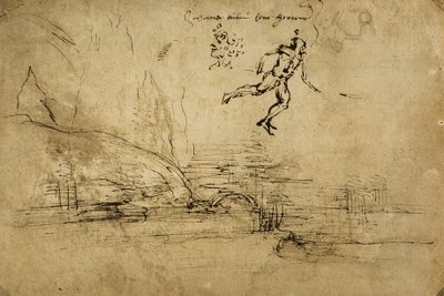 Baksiden av en landskapstegning med figuren av en soldat: pennetegning av Leonardo da Vinci. Cabinet of Drawings and Prints, Uffizi Gallery, Firenze av Leonardo da Vinci