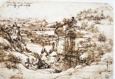 Den første kjente tegningen av Leonard de Vince (Leonardo da Vinci) (1452-1519), "" Landskapet i Santa Maria della Neve"": landskapet i dalen Arno, nær Firenze. av Leonardo da Vinci