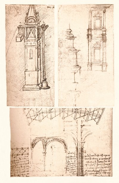 Tre arkitektoniske tegninger, c1472-c1519 1883 av Leonardo da Vinci