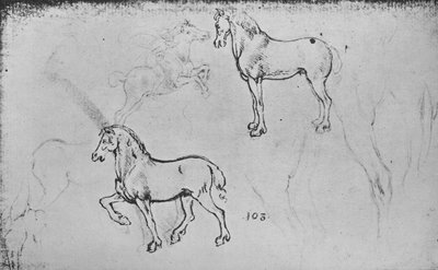 To studier av hester, en av en galopperende rytter og andre av hesteben, c1480 1945 av Leonardo da Vinci