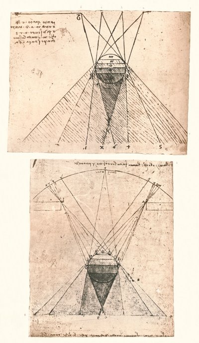 To diagrammer som illustrerer teorien om lys og skygge, c1472-c1519 1883 av Leonardo da Vinci