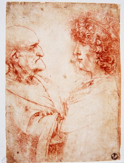To mannsprofiler, en gammel mann og en ung mann. Den unge mannen representerer Gian Giacomo Caprotti, kjent som Andrea Salai eller Salaij (cirka 1480-1524), Leonards elev og kjæreste. Tegning a la sanguine av Leonardo da Vinci (Leonard de Vinci) (1452-1519 av Leonardo da Vinci