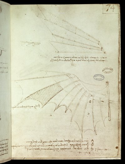Vinge. Flyvende maskintegning. Manuskript av Leonard De Vinci (Leonardo da Vinci av Leonardo da Vinci