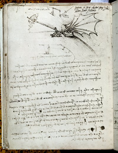 Vingetrening. Flyvende maskintegning. Manuskript av Leonard De Vinci (Leonardo da Vinci av Leonardo da Vinci
