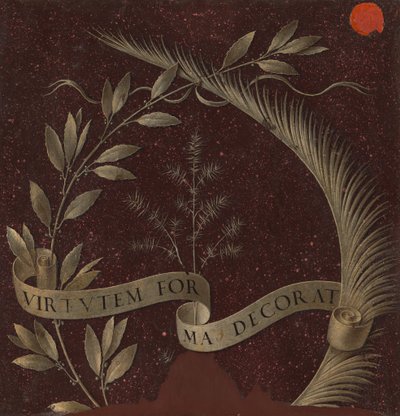 Krans av laurbær, palme og einer med en rullepåskrevet Virtutem Forma Decorat [revers] av Leonardo da Vinci