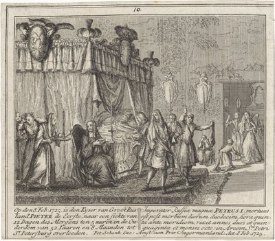 La mort de Pierre I le Grand, le 8 feb 1725 - Peter den stores død 8. februar 1725, av Schenk, Leonard (1696-1767). Kobbergravering av Leonardus Schenk