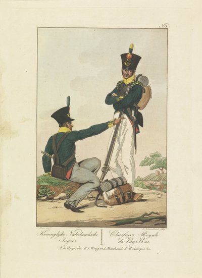 To jegere, 1814-1818 Koninglyke Nederlandsche Jagers / Chasseurs Royale des Pays-Bas (tittel på objekt) Syv uniformsforestillinger 1814-1818 (serietittel) av Leonardus Schweickhardt