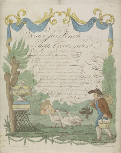 Ønskebrev med en bonde og hans gjess av Leonardus Schweickhardt