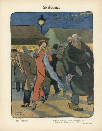 Illustrasjon av Leonce Burret (1865-1915) i Le Smile, nr. 4, 23/01/13 - Les petites - Nocturne, Prostitusjon, Papirgryter, Gulvlampe, Pels av Leonce Burret