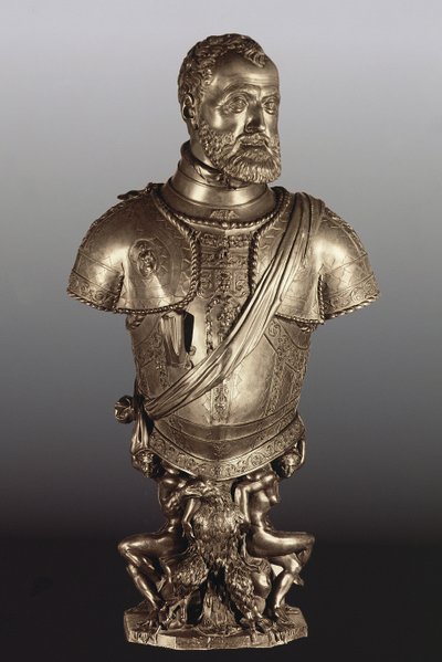 Portrettbyste av den hellige romerske keiser Karl V (1500-58) (bronse) av Leone Leoni