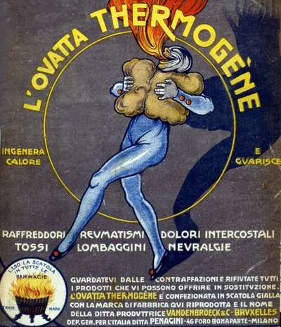Reklame for termogen bomullsull som kurerer forkjølelse, indre smerter, revmatisme, hoste, nevralgi og lumbago. Tegning av L. Cappiello (1875 - 1942) Italia, 1900-tallet. av Leonetto Cappiello