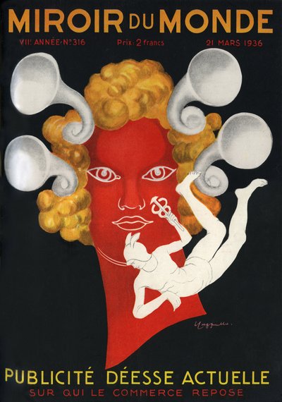 Allegori om reklamen "" Nåværende gudinne som handelen hviler på"", med Mercury, guden for reisende og handel. Forside av magasinet Mirror du monde n°316, 21. mars av Leonetto Cappiello