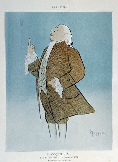 Komiker Constant Poppy Groin (1841-1909) i rollen som Saint Phar i Rejanes «La Montansier» i 1904. Akvarell av Leonetto Cappiello (1875-1942) Paris. Dekorativ kunst av Leonetto Cappiello