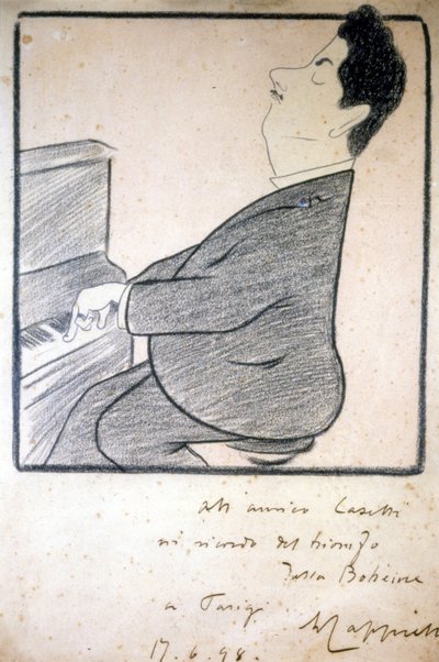 Portrett av Giacomo Puccini (1858-1924), italiensk komponist. Karikatur av Leonetto Cappiello. av Leonetto Cappiello