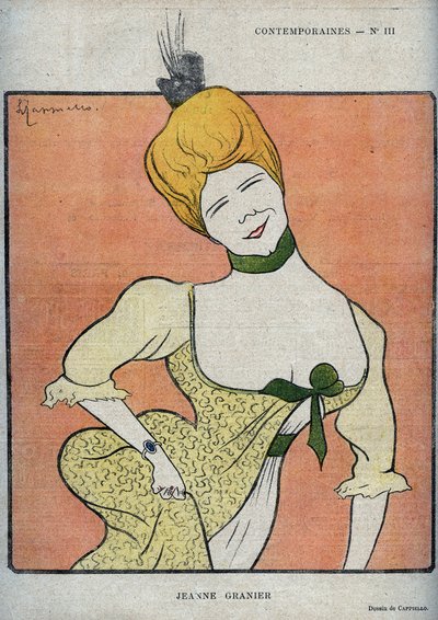 Portrett av den franske komikeren Jeanne Granier (1852-1939) - tegning av Leonetto Cappiello (1875-1942) i "" The Rire""" fra 1898 av Leonetto Cappiello