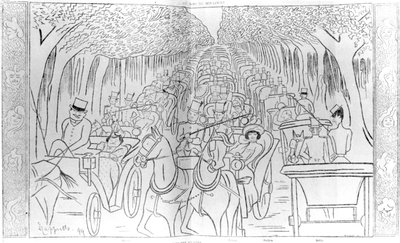 Scene, Music Hall og Operastjerner fra Belle Epoque-tiden, kjører i Bois de Boulogne, Avenue des Acacias, Paris, humoristisk karikatur fra 