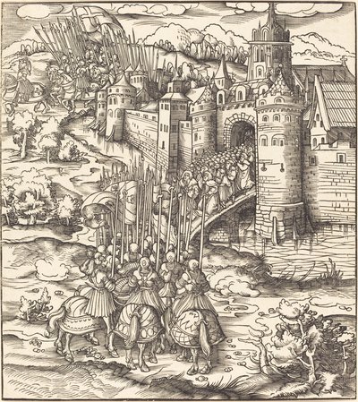 Ulike menn som kneler på en bro foran en by av Leonhard Beck