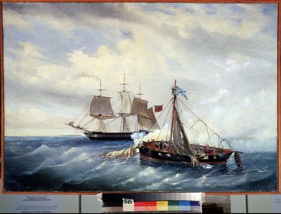 Sjøslaget mellom det lille russiske skipet Opyt og den britiske fregatten, utenfor Nargen Island (Kaspiske hav), 11. juli 1808 under den anglo-russiske (anglo-russiske) krigen (1807-1812). (Sjøslaget mellom det russiske småskipet Opyt og t av Leonid Demyanovich Blinov