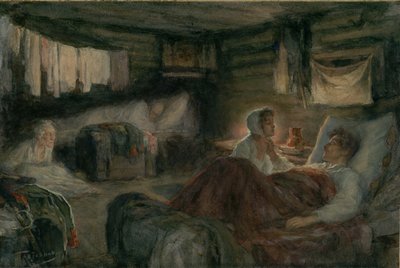Natasha and the wounded Prince Andrei in Mytishchi. Illustration for the novel War and Peace, 1893.    1186346   no       norwegian Successfully Translated  Original: Advertentie voor een meinummer van Lippincotts Monthly Magazine Les Maîtres de lAffiche ( av Leonid Osipovich Pasternak