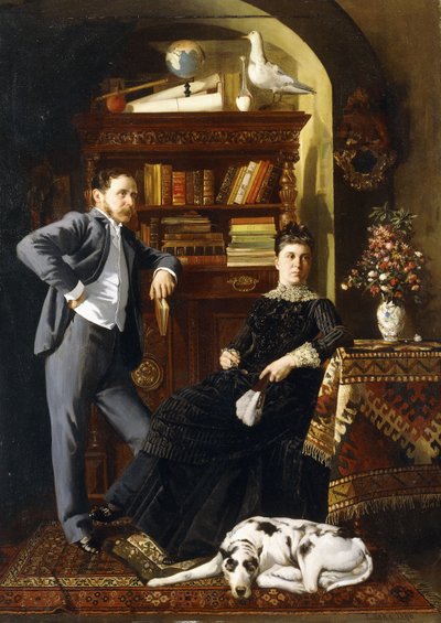 Et par i et interiør med en hund av Leopold Bara