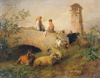 Gutt og jente med sauer og geiter av Leopold Brunner d. J.