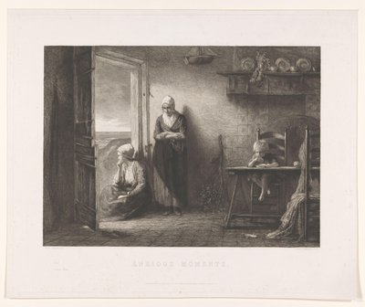 To kvinner og et barn i et fiskerhus i sanddynene Etter stormen Anxious Moments (tittel på objekt) av Leopold Lowenstam