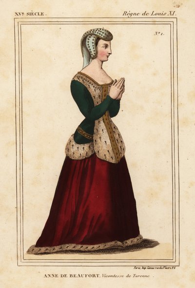 Anne Rogier de Beaufort, Viccountess de Turenne 1435-1479. Håndfarget litografi etter et rustfritt glassvindu i kirken Cordelieres de Nantes i Roger de Gaignieres #39;portefølje VI 11 fra Le Bibliophile Jacob aka Paul Lacroix#39;s Costumes Historiqu av Leopold Massard