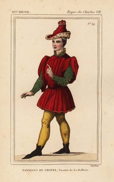 Tanneguy IV du Chatel, Viscount de la Belliere, Grand Master of Hotel of Francis II, Duke of Bretagne, d. 1477. Håndkolorert litografi etter en figur i et billedvev som viser Esther og Mordekai i Roger de Gaignieres#39; portefølje VI 132 fra Le Bibliophile av Leopold Massard