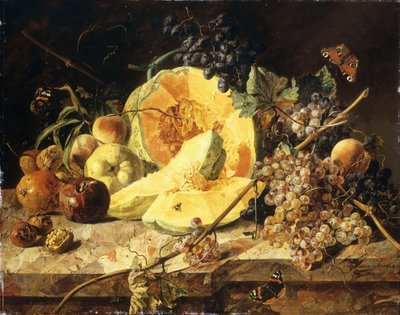 Et stilleben med frukt, nøtter og insekter, 1835 av Leopold Zinnogger