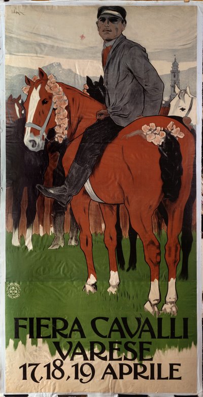 Reklameplakat for hestemarkedet i Varese, Italia av Leopoldo Metlicovitz