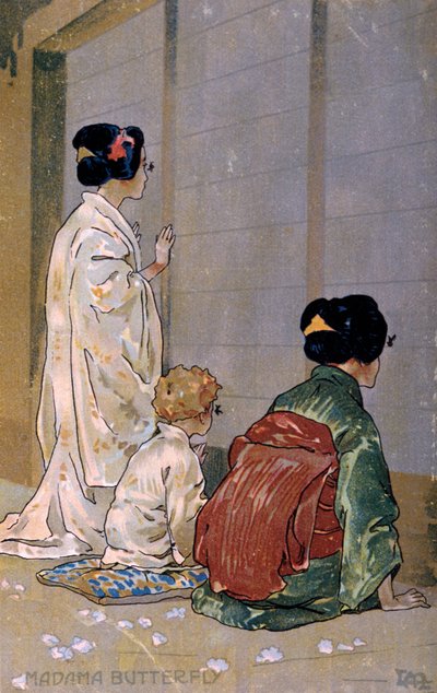 Postkort laget til premieren på "Madame Butterfly", i Brescia av Leopoldo Metlicovitz
