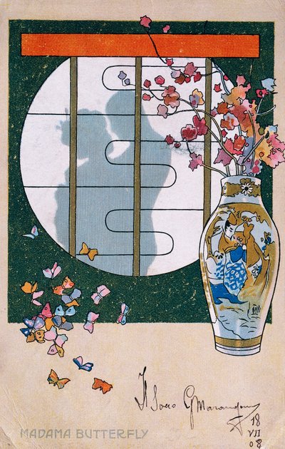 Postkort laget til premieren på "Madame Butterfly", i Brescia av Leopoldo Metlicovitz